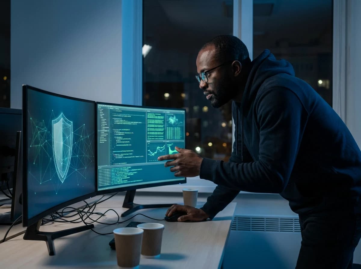 A security engineer reviewing system checks on two monitors