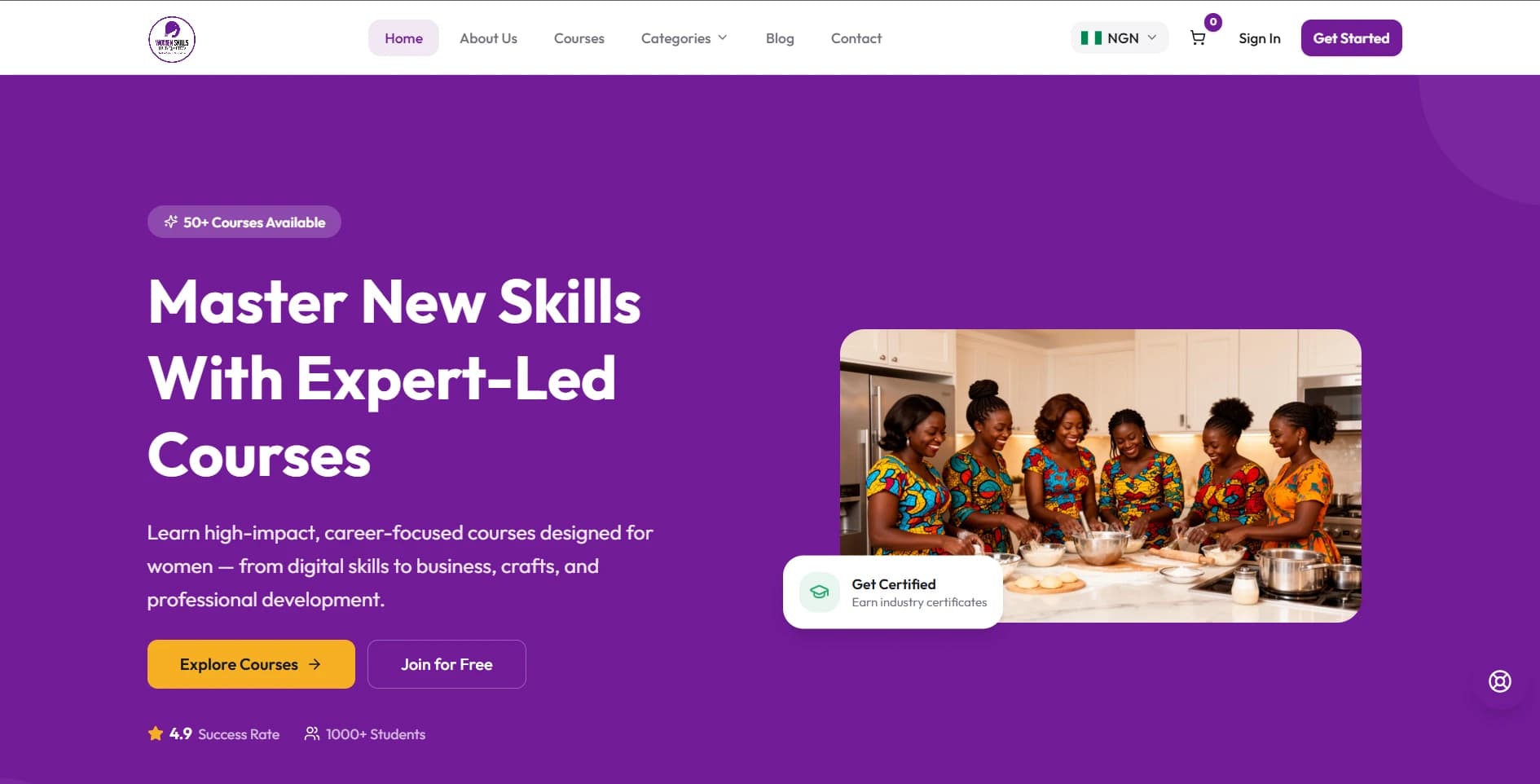 Women Skills Hub learning platform home page